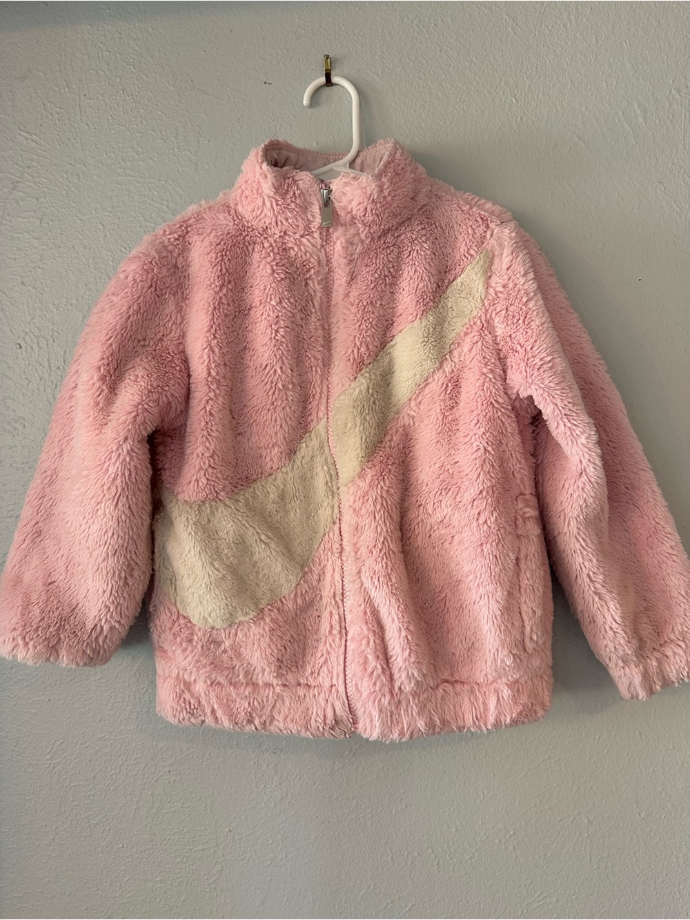 Nike Girls' Pink Fuzzy Puffer Jacket with Cream Swoosh